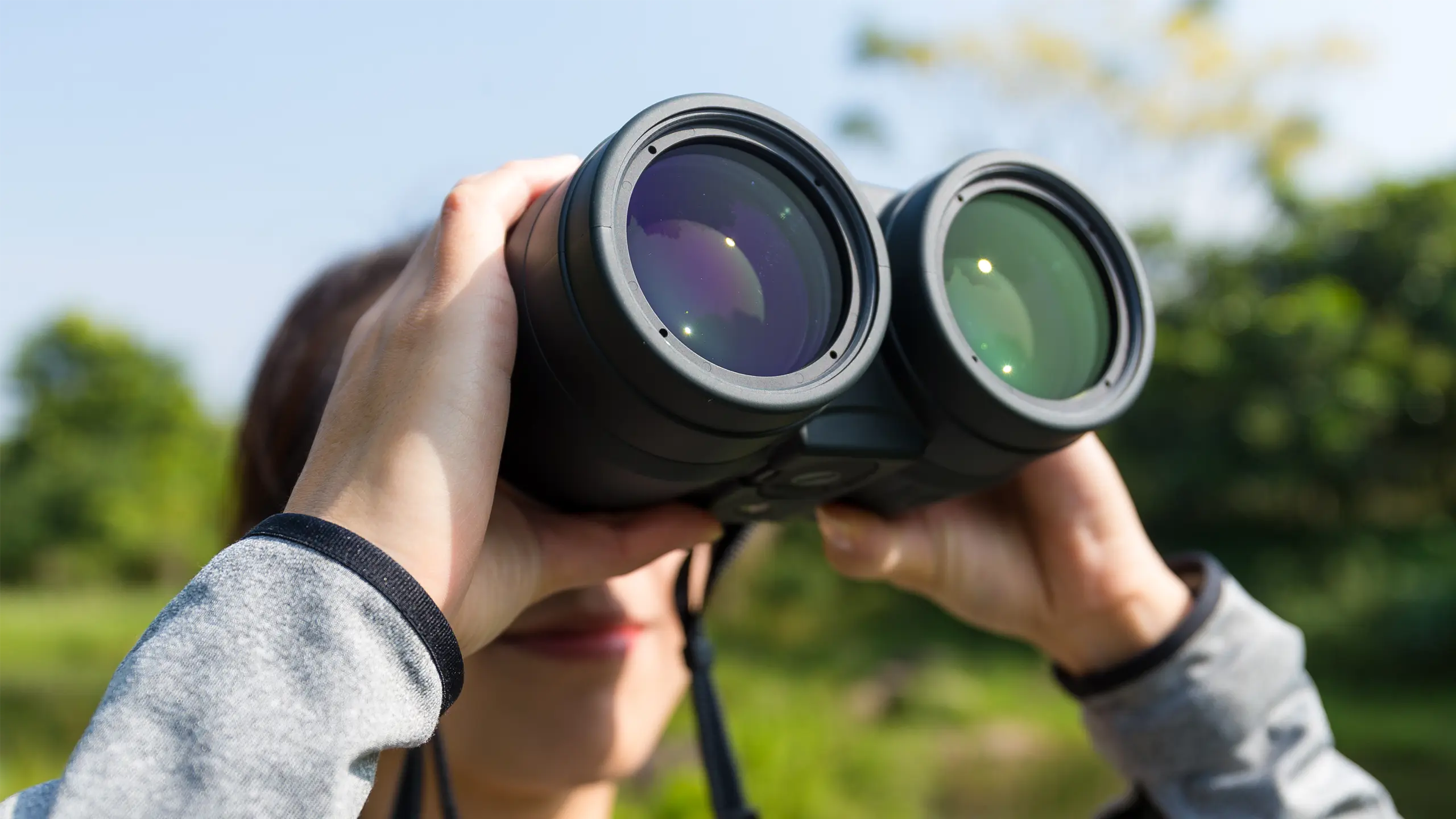 Woman using bird watching binoculars