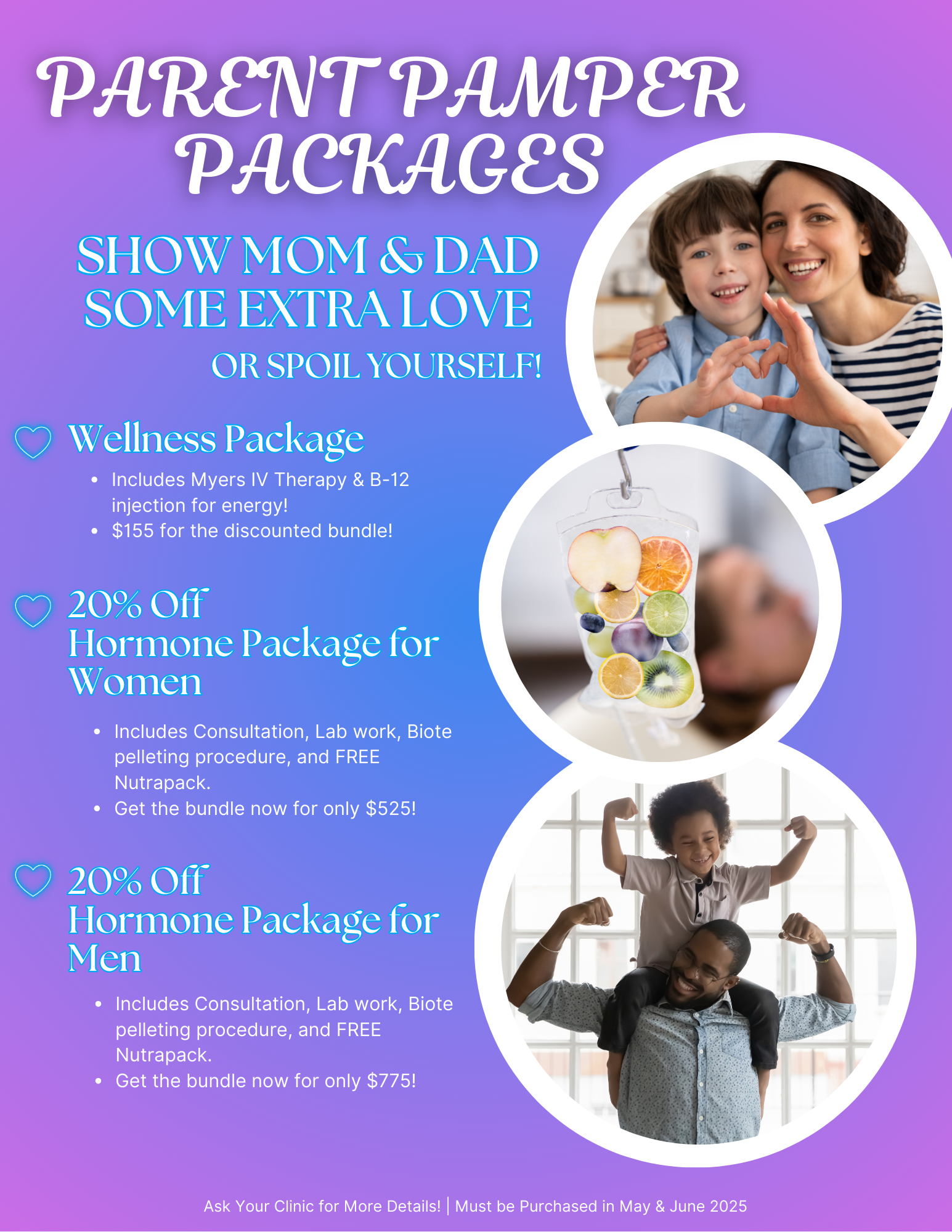 Parent Pamper Packages | BackFit May–June Wellness Specials BackFit Health + Spine Parent Pamper Packages flyer for May–June featuring wellness and hormone therapy specials for men and women at participating Arizona clinics