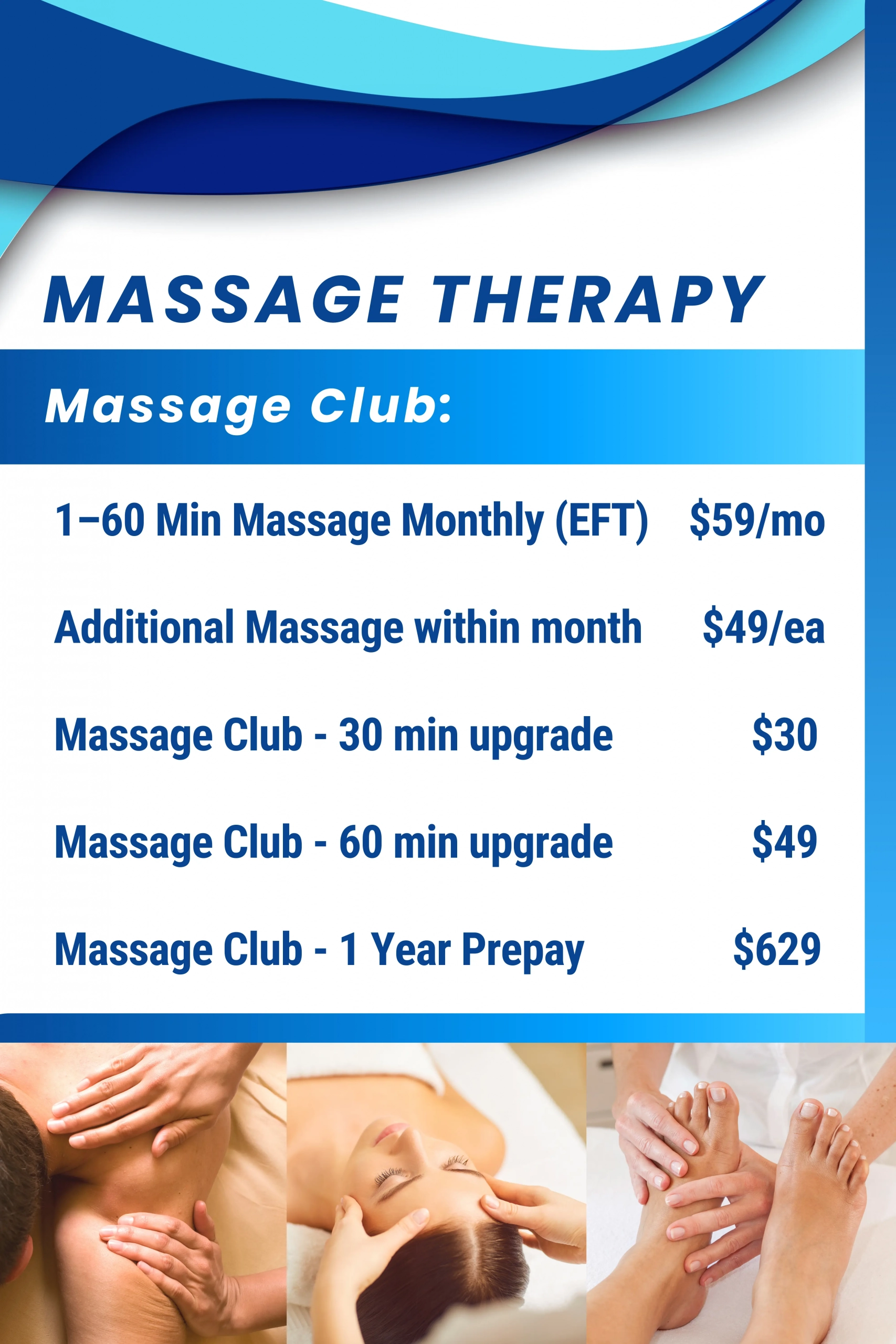 massage club price list- 1 to 60 minutes per month $59/month