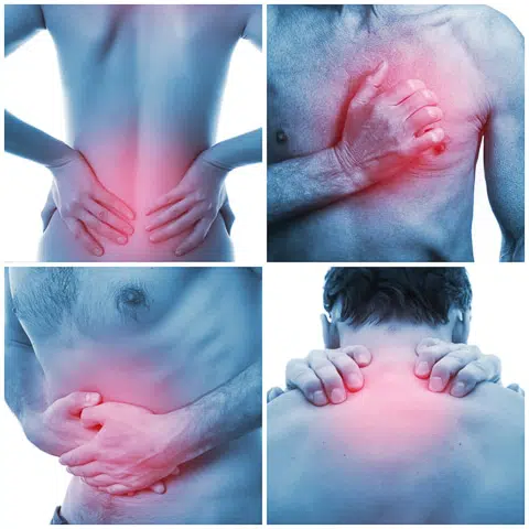 Collage de espasmos musculares en la parte baja de la espalda, el pectoral/el pecho, el estómago y la parte superior de la espalda/cuello