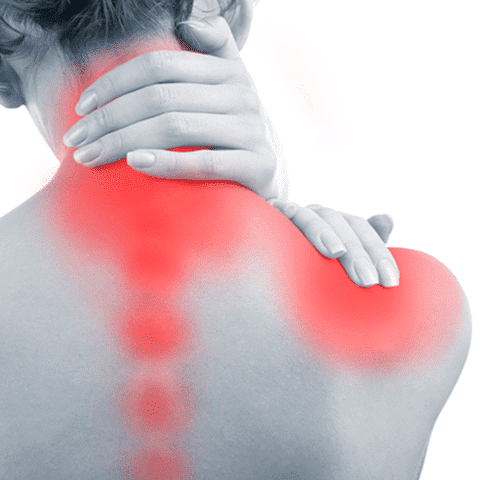 woman holding neck and shoulder in pain